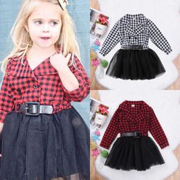 Girl Dresses Baby Plaid Checked Patchwork Black Tulle Tutu Dress 2-7Y Kids Children Long Sleeve Ball Gown Princess Party