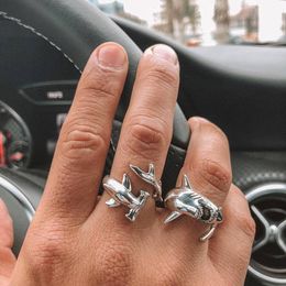 1 Piece Creative Animals Shark Rings For Women Men Silver Color Fashion Adjustable Opening Metal Ring Punk Style Party Jewelry