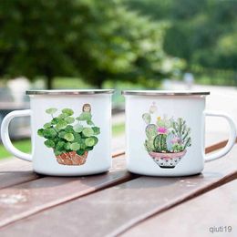 Mugs Green Plant Print Enamel Creative Coffee Tea Water Milk Cup Summer Camping Mugs Handle Drinkware Vacation Hiking Mug Camper Gift R230713