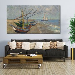 Impressionist Canvas Art Fishing Boats on The Beach Handmade Vincent Van Gogh Painting Artwork Modern Living Room Decor