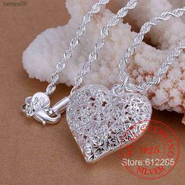 Hot 925 Sterling Silver Hollow Out Frosted Flower Heart Pendant with Thinsnaketwist Rope Chain Necklace for Women L230704