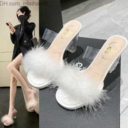 Slippers New Summer Fluffy Leather Toes Sexy High Heels Women's Shoes Fur Feather Women's Fashion Wedding Smooth Pink Square Toes Women's Sandals Z230713