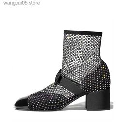 Boots New Women Summer Ankle Boots Women's Leather Mesh Booties Fashion Full Drill Sexy Round Toe Band Bowknot High Heels Big Size 43 T230713