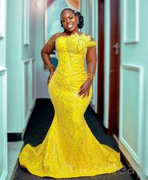 2023 Aso Ebi Mermaid Yellow Prom Dress Sequined Lace Sexy Evening Formal Party Second Reception Birthday Engagement Gowns Dresses Robe De Soiree ZJ733