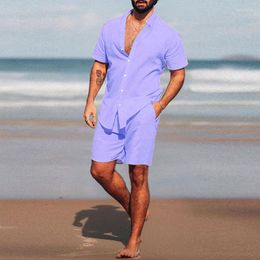 Men's Tracksuits Summer Men Hawaiian Shirts Sets Casual Solid Colour Short Sleeve Shirt Beach Shorts Fashion Cotton Blend Mens 2 Piece Suits
