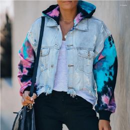 Women's Jackets Jeans Fringe Blue Short Denim Jacket With Hood Ripped Tie Die Gradient Coat Outer Korea Cotton Fall 2023 Womens Fashion