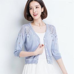 Women's Knits Cardigan Summer Three-quarter Sleeves Korean Style V-neck Knit Sweater Solid Color Sunscreen Top