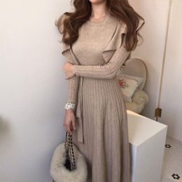 Casual Dresses Women's Sweater Knit Dress Mid-length One-piece Korean Ruffle Waist Skirt Mid-Calf Folds