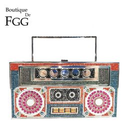 Evening Bags Boutique De FGG Novelty Boombox Radio Shape Women Bags Metal Clutches Chain Shoulder Handbags Crossbody Bag 230712