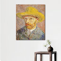 Impressionist Canvas Art Self-portrait with Straw Hat Vincent Van Gogh Painting Handmade Oil Replicas Modern Hotel Room Decor