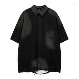 Men's Casual Shirts Black Hip Hop Vintage Jeans Men Harakuju Ripped Washed Streetwear Button Up Blouse Short Sleeves