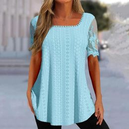 Women's Blouses Summer Tee Shirt Sheer Paneled Lace Sleeves Tops Stylish Embroidered Patchwork Square Collar Solid For Women