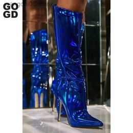 Boots GOGD New Autumn 2022 Brand Metallic Boots Women Pointed Toe Thin Heels Stiletto Boots Rhinestone Sexy Fashion Zipper Bling Shoes T230713