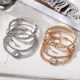 Link Bracelets Trendy Geometric Metal Chain Square Drill Bracelet Set For Women Rhinestones Gold Colour Leaves Heart Pendant Open Bangle