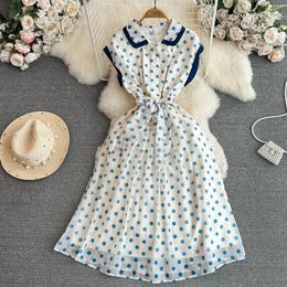 French Hepburn Sleeveless Doll Neck Slim A-line Polka Dot Chiffon Dress Elegant Large Swing Long Dress