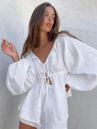 Women's Tracksuits Jastie Summer Cotton Linen Puff Sleeve Shirt Suit Women White V-neck Ruffles High Waist Shorts Two Piece Set 2023