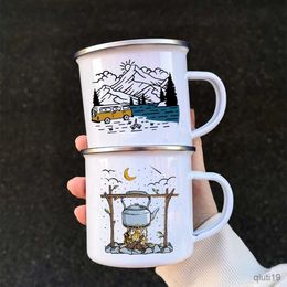 Mugs Caravan Printed Camper Mugs Camping Enamel Mug Adventure Campfire Party Beer Juice Cup Mountain Handle Cups Gifts for Camper R230713