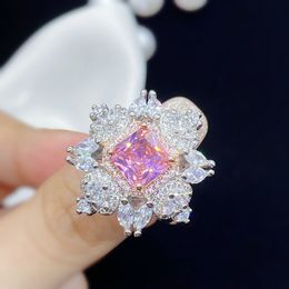 Women fashion Wedding ring Square pink crystal zircon Diamond Flower shape White Gold Ring Party Jewelry Birthday Gift Adjustable