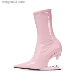 Boots New Women'S Tooth Shape Special-Shaped Heel Elastic Sexy Trendy Thin Nude Boots Elastical Pointed Toe Slip-On Stiletto Heel T230713