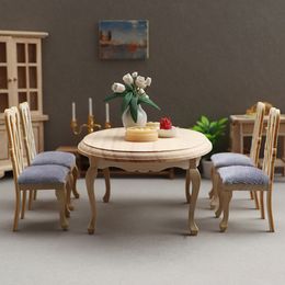 Kitchens Play Food 1 12 Dollhouse Miniature Wooden Dining Table Chair Set Simulation Furniture Model Toy For Dollhouse Restaurant Decoration 230713