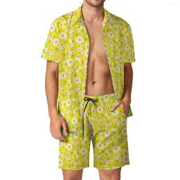 Men's Tracksuits Retro Mod Men Sets Flowers Yellow Print Casual Shorts Beach Shirt Set Summer Trending Suit Short Sleeve Oversize Clothing