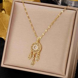 316L Stainless Steel Dream Catcher Zircon Feather Pendant Necklace For Women Fashion Girls Chain Birthday Jewellery Gifts 2022 New L230704