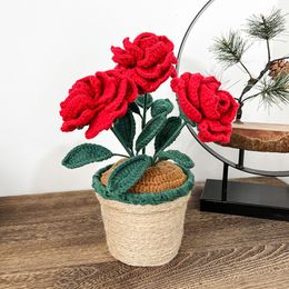 Faux Floral Greenery Fake Plant Finished Artificial Rose Bonsai Crochet Flower Potted Hand Woven Knitted Immortal Flower Bouquet Gift Home Decoration 230712