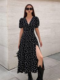 Party Dresses Summer Puff Sleeve Butterfly Print Vintage Dress Women Elegant V-neck High Split Midi 2023 Outfits