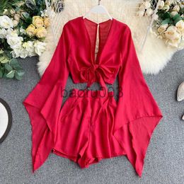 Womens Two Piece Pants Dome Cameras 2023 New Summer 2 Piece Outfits For Women Flare Sleeve Crop Top Broadlegged Shorts Fashion Ladies Sexy Solid Chiffon Su J230713
