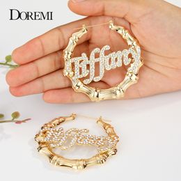 Hoop Huggie DOREMI Bling Name Bamboo Earrings Custom Trapezoid Hoop Bamboo Names Earrings Letter Big Personalised Name Earrings Women Gift 230712