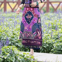 Ethnic Clothing 2023 Retro Cotton Linen Tassel Flower Embroidery Harajuku Women Pantskirt Chinese Vintage Loose Wide Leg Split Skirt
