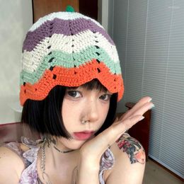 Berets Ins Hollow Knitted Bucket Hat Korean Version Color Matching Niche Pumpkin Cap Cute Contrasting Women's Hats