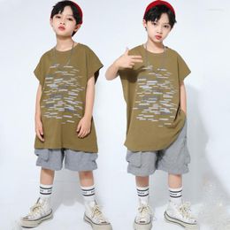 Stage Wear Children Loose Vest Grey Sports Shorts Suit For Kids Jazz Dance Costumes Boys Streetwear Ballroom Hip Hop Clothes DQS13414