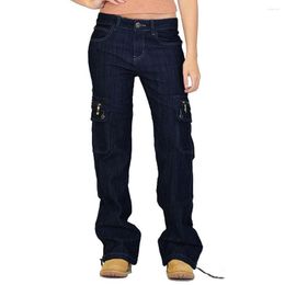 Women's Jeans Streetwear Long Pants Denim Destoryed Flare Button Wide Leg Cargo Combat 90s Vintage Clothes