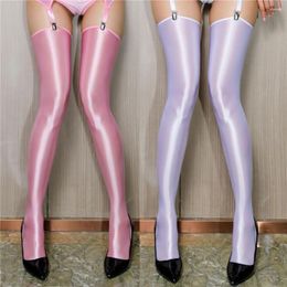 Women Socks Cuban Heel Satin Stockings Women's High Elastic Smooth Knee Length Pole Dance Oil Shiny Cosplay Hosiery For Garters