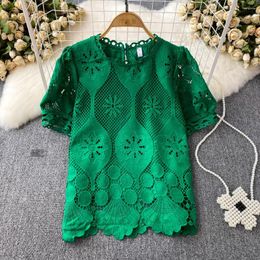 Women's Blouses SuperAen 2023 Summer Retro Style Bubble Short Sleeve Round Neck Loose Flower Hollow Pullover Blouse Casual Top