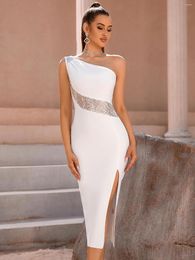Casual Dresses 2023 Summer White Elegant One Shoulder Open Leg Mid Bodycon Bandage Dress Ladies Wedding Party Evening Club Celebrity