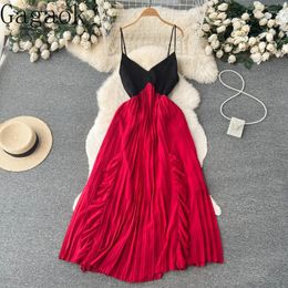 Casual Dresses Gagaok Patchwork Women 2023 Summer V Neck Sleeveless Midi Party Dress French Elegant Chic Fashion Vintage Vestidos