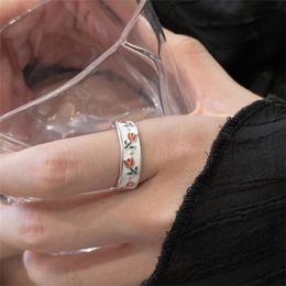 Vintage Enamel Tulip Flower Rings For Women Fashion Simple Sliver Colour Adjustable Daisy Finger Ring Party Weeding Fine Jewellery