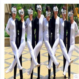 Stage Wear Black white optical illusion leg Siamese dance costumes Adult child Russian performance clothing personality ballroom d194H