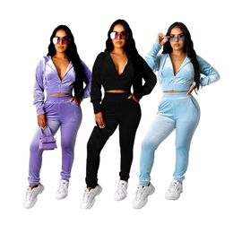 Women 2 Piece Set Hooded Zipper Top Tracksuit Sportwear Pants Velvet Stretch Casual Fitness Outfit Jogger Matching Set Dropshpping290q