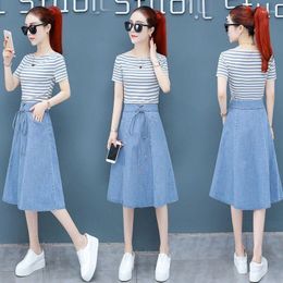 Work Dresses Woman Two Piece Set Female Elegant Solid High Waist A-Line Skirts Summer Ladies Short Sleeve T-Shirt Fashion Clothing Suit A38