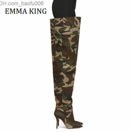 Boots 2021 Autumn and Winter Women's Camo Pattern Thick High Heels Sexy Pointed Toes Boots on Women's Knees Women Botas De Mujer Z230713