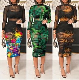 Casual Dresses 2023 Black Short Skirt Top With Retro Print Sexy Mesh Mid Length Dress Set Of Three Bodycon Women Fashion Long Maxi