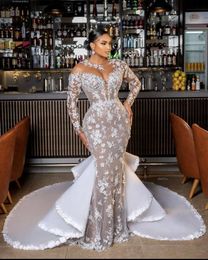 African 3D Floral Lace Mermaid Wedding Dresses With Detachbale Train Plus Size Long Sleeve Bridal Gowns Custom Made Luxury Robe De Mariage