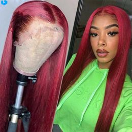 Burgundy Straight Lace Front 99J Colored Human Hair Wig For Black Women Remy Transparent Lace Closure Wig