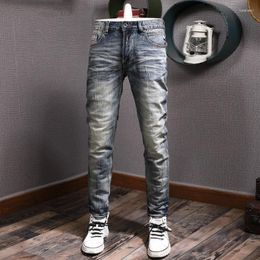 Men's Jeans Italian Style Fashion Men Retro Blue Slim Fit Elastic Trousers Casual Ripped Vintage Designer Denim Pants Hombre