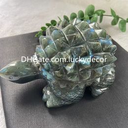 Large Labradorite Quartz Crystal Turtle Carving Art Gift Unique Stunning Natural Spiritual Mineral Spectrolite Gemstone Tortoise Animal Specimen with Rivet Back