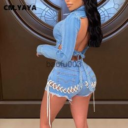 Women's Two Piece Pants CM.YAYA Women Denim Two 2 Piece Set Classic Backless Crop Tops and Lace Up Shorts Matching Set Outfits Streetwear Jean Tracksuit J230713