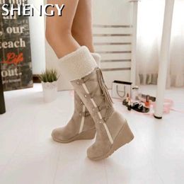 Winter Women Knee High Boots Warm Fur Wedge Shoes Female Snow Boot Fashion Fringe Buckle High Heels Ladies Long Boot Mujer Botas L230704